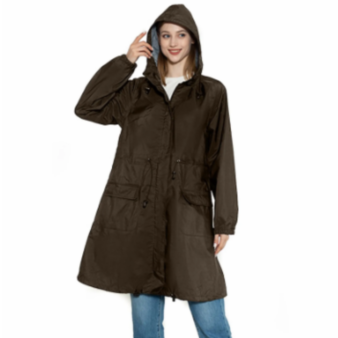 Drizzla - Regenjacke Damen mit Kordelzug und Kapuze, Leichter Langer Wasserdichter Mantel