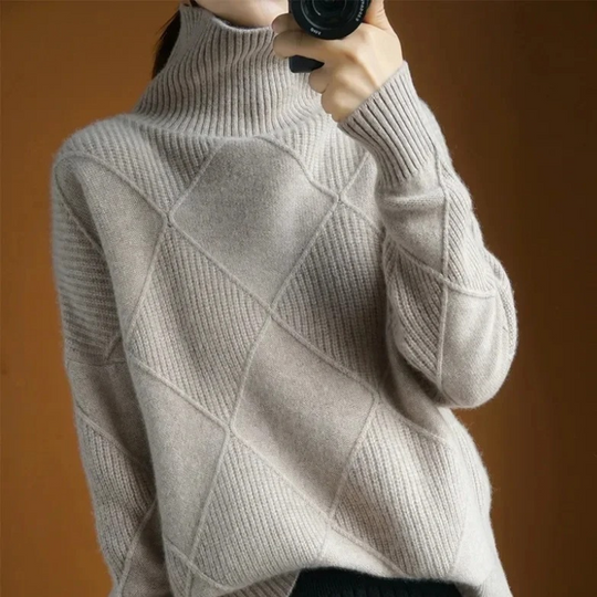 Frauenz - Rollkragenpullover Damen, Strickpullover mit Rautenmuster, Weich und Gemütlich