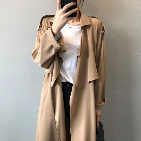 Charmin - Damen Mantel Langer Trenchcoat, Offener Schnitt, Mit Reverskragen