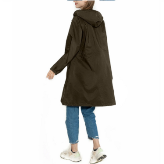 Drizzla - Regenjacke Damen mit Kordelzug und Kapuze, Leichter Langer Wasserdichter Mantel