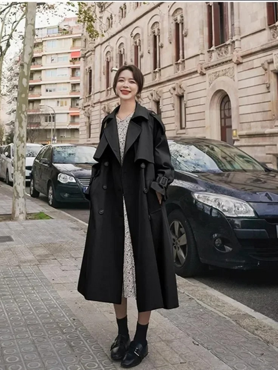 Stilvol - Damen Mantel Langer Trenchcoat mit Doppelknopfleiste und Gürtel