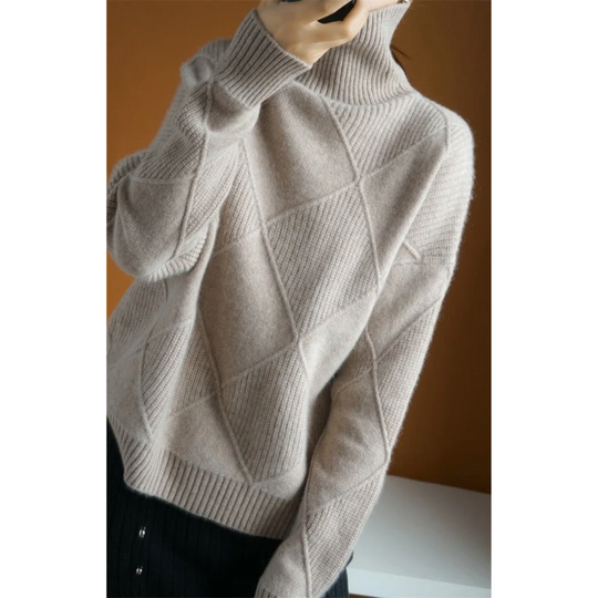 Frauenz - Rollkragenpullover Damen, Strickpullover mit Rautenmuster, Weich und Gemütlich