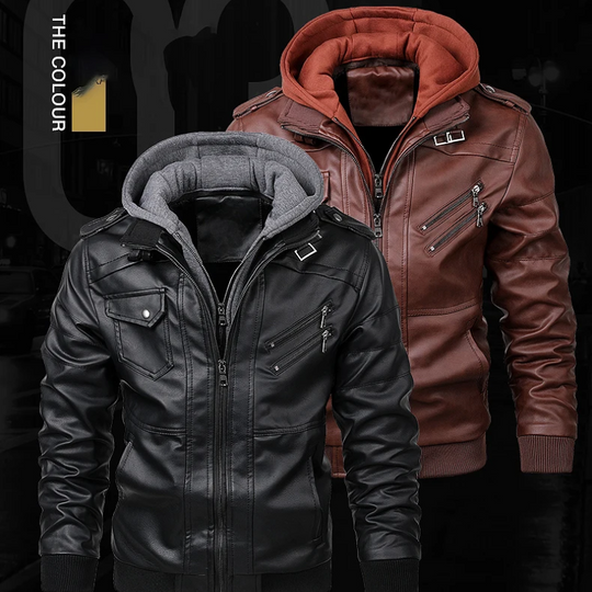 Nobrixx - Lederjacke Herren - Stylische Jacke mit Kapuze und Reißverschlusstaschen