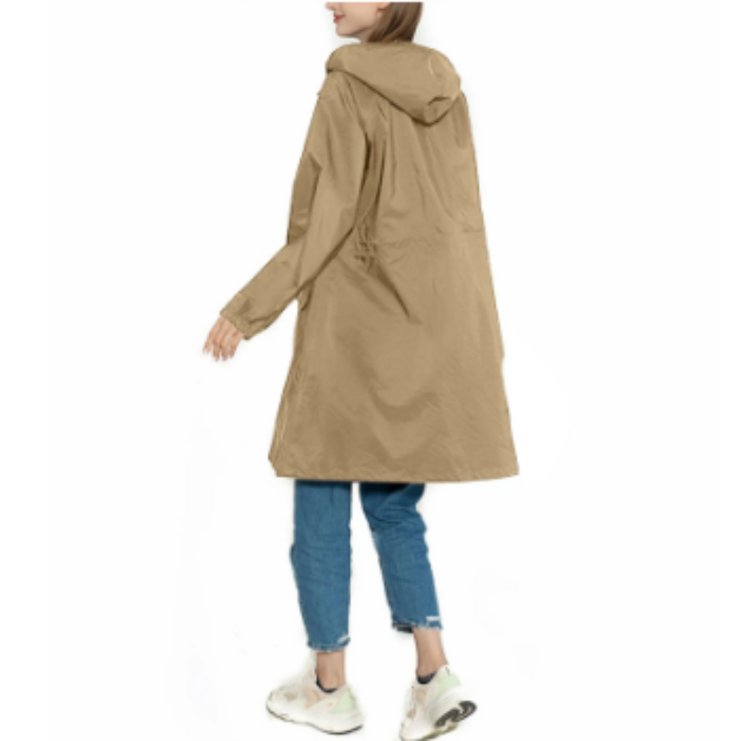 Drizzla - Regenjacke Damen mit Kordelzug und Kapuze, Leichter Langer Wasserdichter Mantel