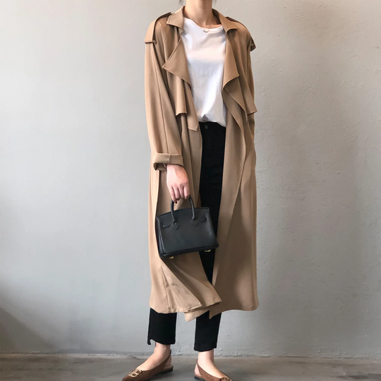 Charmin - Damen Mantel Langer Trenchcoat, Offener Schnitt, Mit Reverskragen