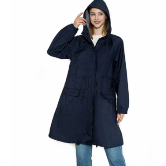 Drizzla - Regenjacke Damen mit Kordelzug und Kapuze, Leichter Langer Wasserdichter Mantel