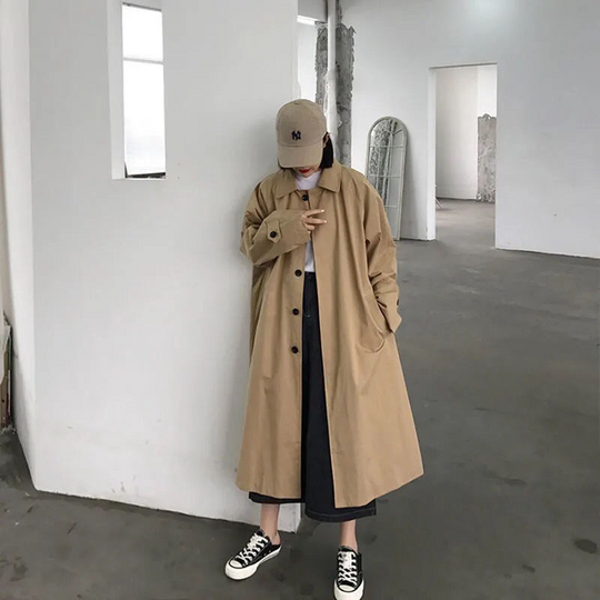 Manture - Damen Mantel Langer Oversized Stil, Einreihig, Mit Weiten Ärmeln