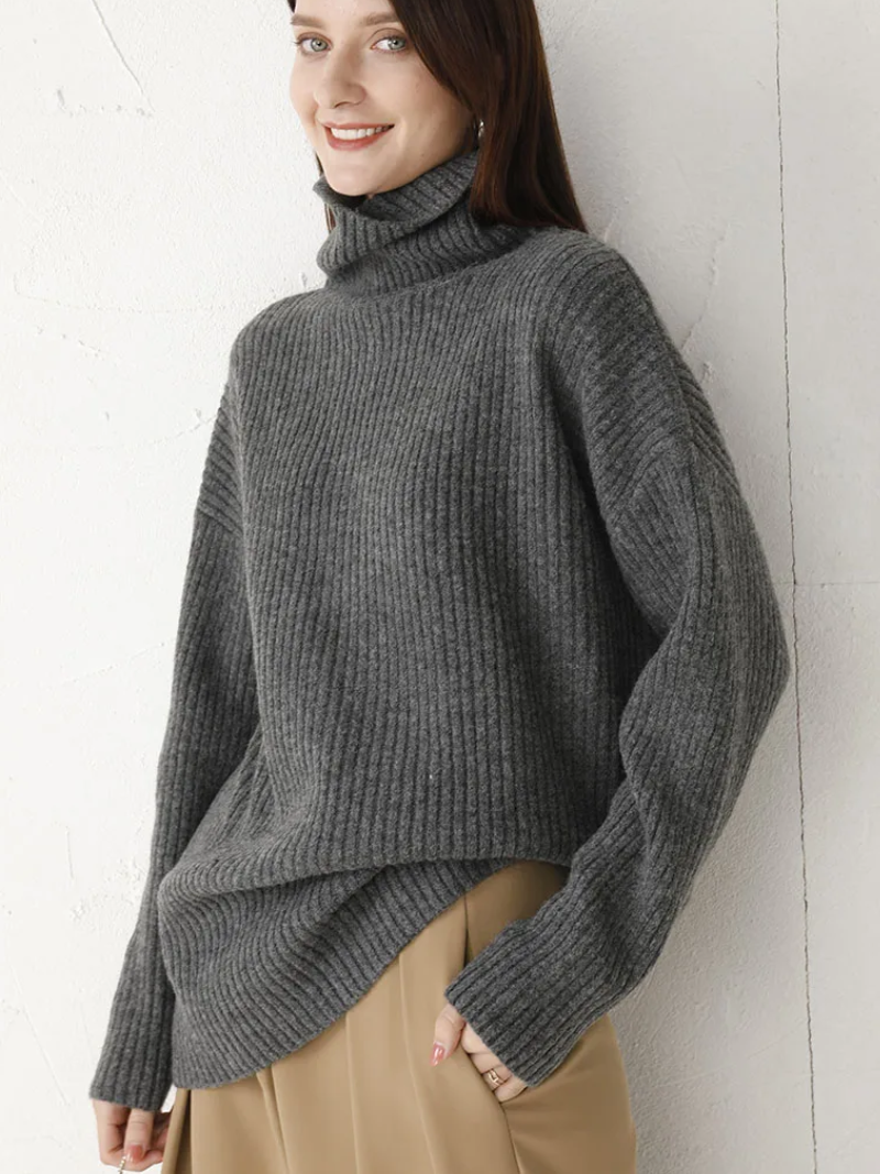 Zengrau - Rollkragenpullover Damen, Gerippter Strickpullover, Warm und Gemütlich