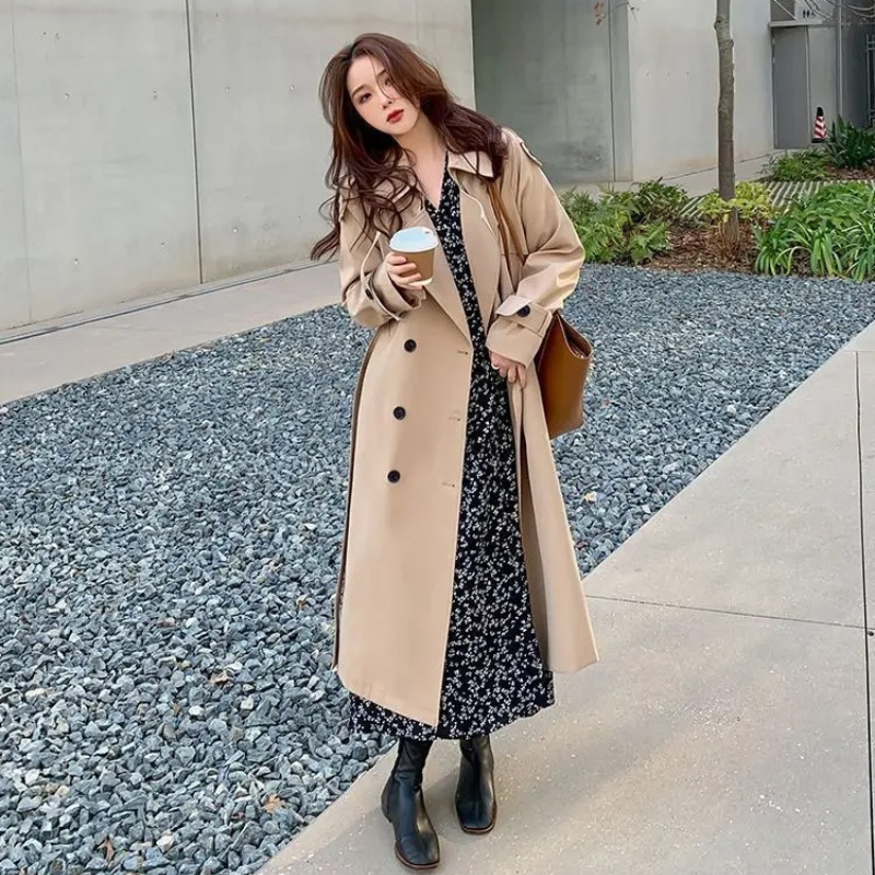 Elegant - Damen Mantel Langer Trenchcoat-Stil, Doppelreihig, Mit Gürtel