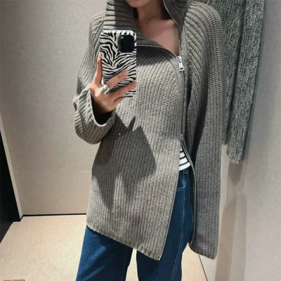 Damform - Rollkragenpullover Damen, Strickpullover mit Seitlichem Reißverschluss, Lockerer Schnitt