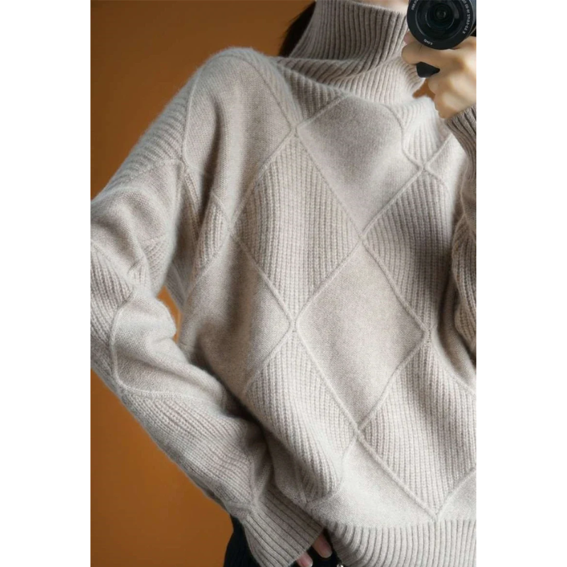 Frauenz - Rollkragenpullover Damen, Strickpullover mit Rautenmuster, Weich und Gemütlich