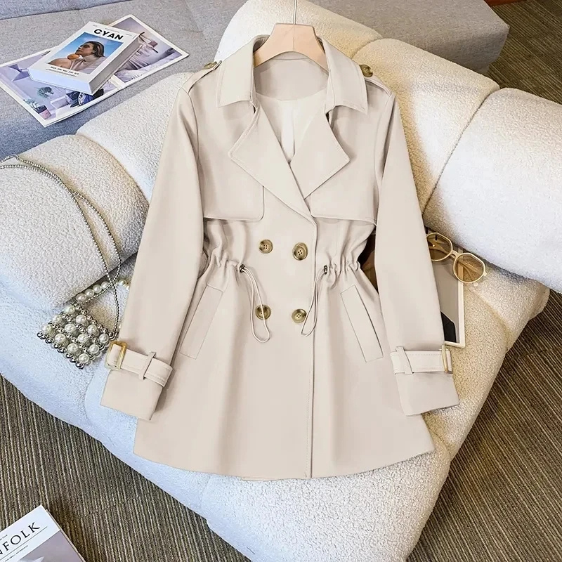 Feminza - Damen Mantel Kurzer Trenchcoat mit Taillengürtel und Knopfleiste