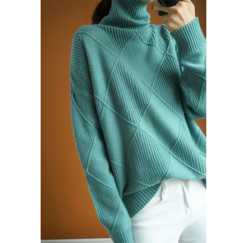 Frauenz - Rollkragenpullover Damen, Strickpullover mit Rautenmuster, Weich und Gemütlich