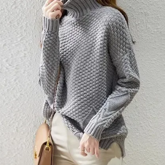 Wolstil - Rollkragenpullover Damen Mit Strukturiertem Muster und Zopfmuster-Ärmeln