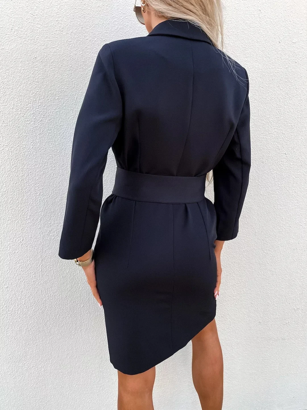 Modevra - Blazer Kleid Damen Mit Wickelgürtel und Goldknopfdetails