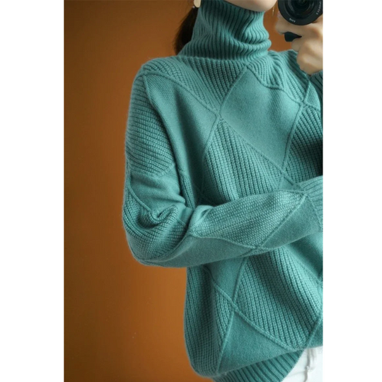 Frauenz - Rollkragenpullover Damen, Strickpullover mit Rautenmuster, Weich und Gemütlich