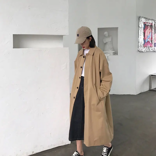 Manture - Damen Mantel Langer Oversized Stil, Einreihig, Mit Weiten Ärmeln