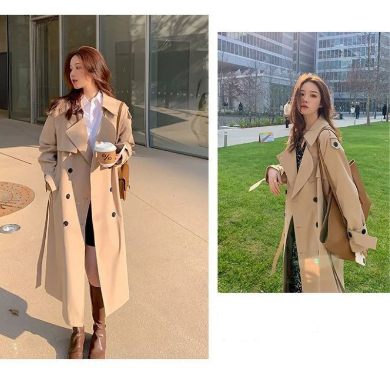 Elegant - Damen Mantel Langer Trenchcoat-Stil, Doppelreihig, Mit Gürtel