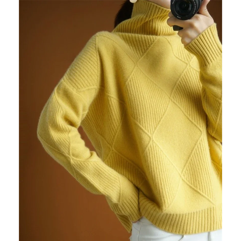 Frauenz - Rollkragenpullover Damen, Strickpullover mit Rautenmuster, Weich und Gemütlich