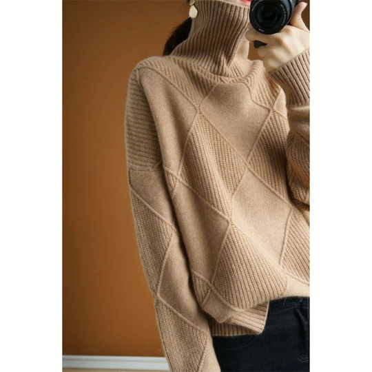 Frauenz - Rollkragenpullover Damen, Strickpullover mit Rautenmuster, Weich und Gemütlich