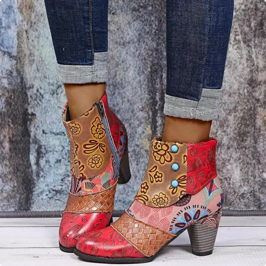 Komfoti - Damen Ankle Boots mit floralem Patchwork-Design und Reißverschluss