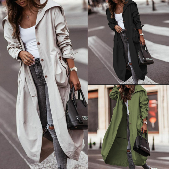 Stilova - Damen Mantel Langer Trenchcoat, Kapuzen-Design, Oversized Stil, Einreihig