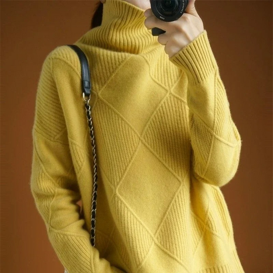 Frauenz - Rollkragenpullover Damen, Strickpullover mit Rautenmuster, Weich und Gemütlich