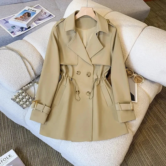 Feminza - Damen Mantel Kurzer Trenchcoat mit Taillengürtel und Knopfleiste