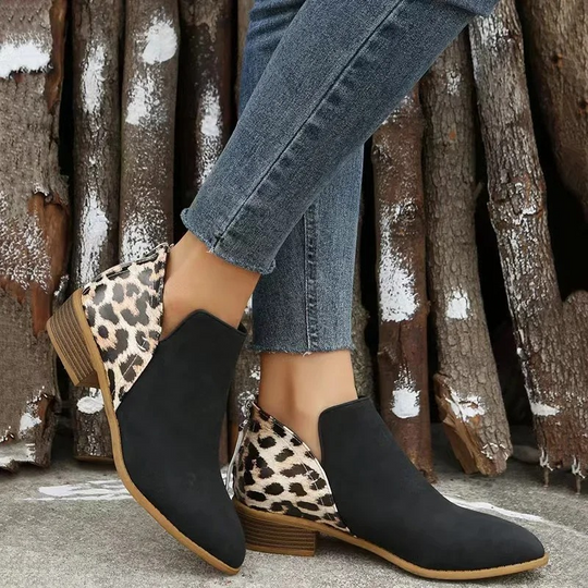 Farinou - Stiefeletten Damen mit Animal Print, Modische Flache Stiefel