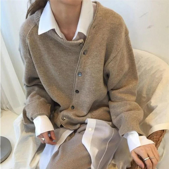 Wärmify - Damen Asymmetrischer Cardigan mit Knöpfen, Langarm, Weiches Strickmaterial, Lockerer Schnitt