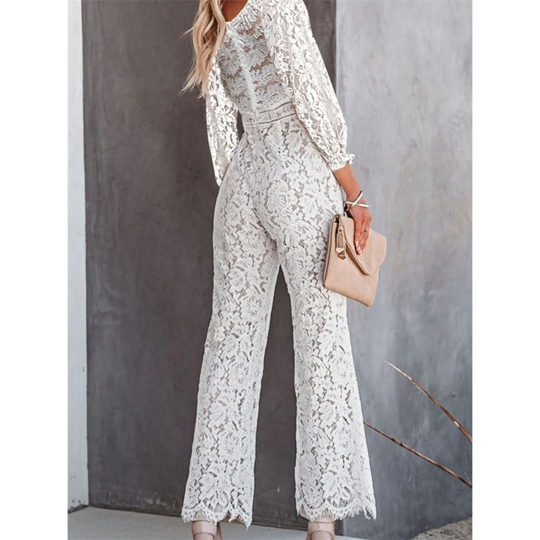 VIDA Jumpsuit mit weißem hohlen Blumendruck V-Ausschnitt weite Hosen