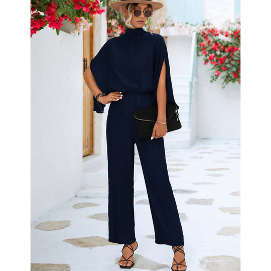 VIDA eleganter grüner Jumpsuit mit einfacher Hose und Schleifenkragen