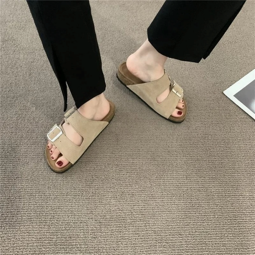 VIDA Schwarz-Braun-Kaki-Damen Sandalen mit doppeltem Schnallenverschluss