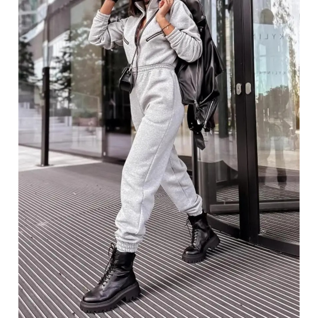 VIDA Sportstil grauer Reißverschluss elastischer Hosen-Jumpsuit