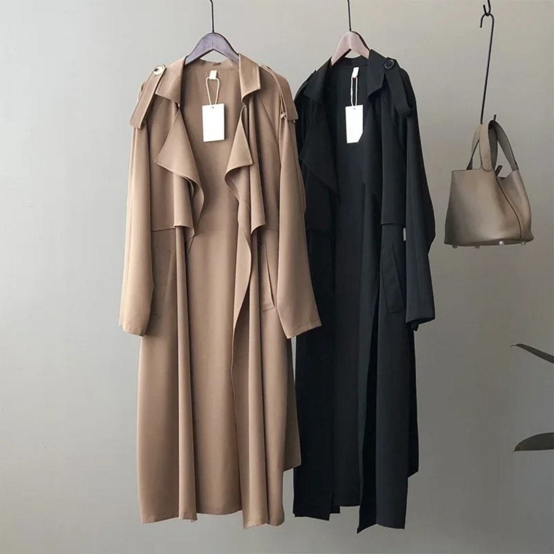 Charmin - Damen Mantel Langer Trenchcoat, Offener Schnitt, Mit Reverskragen