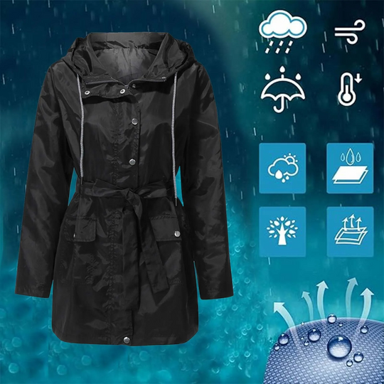 Fleezip - Regenjacke Damen mit Gürtel und Kapuze, Wasserdichter Windbreaker