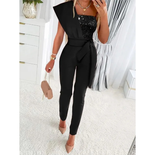 VIDA eleganter roter Patchwork glänzender Slim Pant Jumpsuit