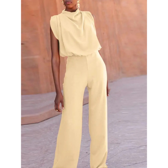 VIDA eleganter orangefarbener Jumpsuit mit Stehkragen und weiten Hosen