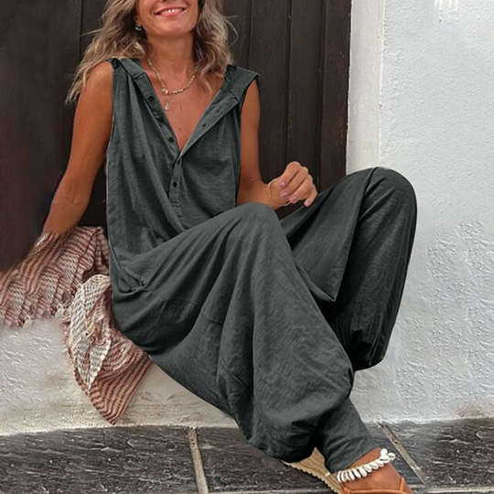 VIDA bequemer Jumpsuit mit Knöpfen, V-Ausschnitt und ärmellos