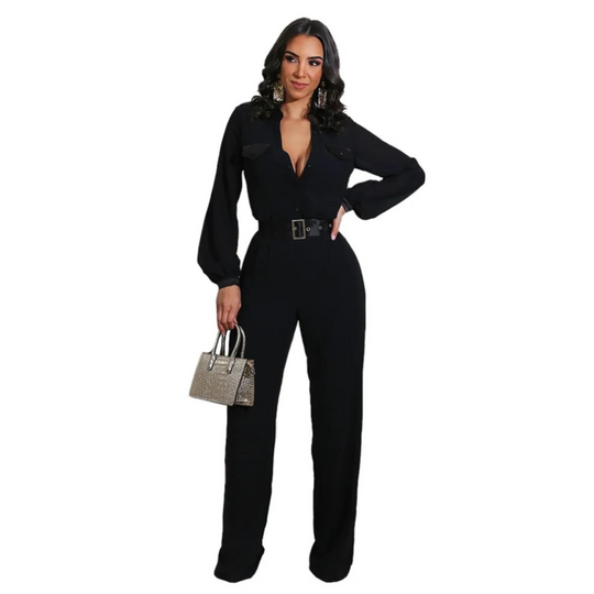 VIDA rosafarbener V-Ausschnitt Knopf elastischer loser Hosen-Jumpsuit