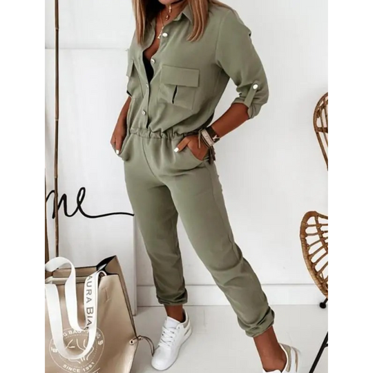 VIDA Sportstil Turnkragen Knopf Revers schmaler Hosen-Jumpsuit