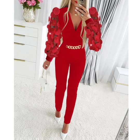 VIDA eleganter schwarzer Slim Pant Jumpsuit mit hohlem Druck