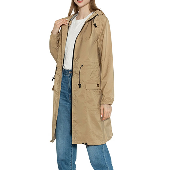 Drizzla - Regenjacke Damen mit Kordelzug und Kapuze, Leichter Langer Wasserdichter Mantel