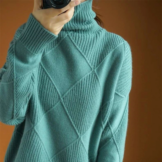 Classik - Rollkragenpullover Damen, Strukturierter Strickpullover, Rautenmuster