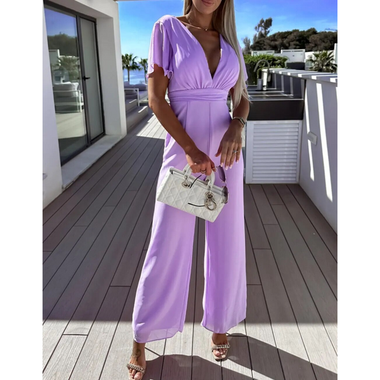 VIDA Business-Stil weißer V-Ausschnitt rückenfreier Hosen-Jumpsuit