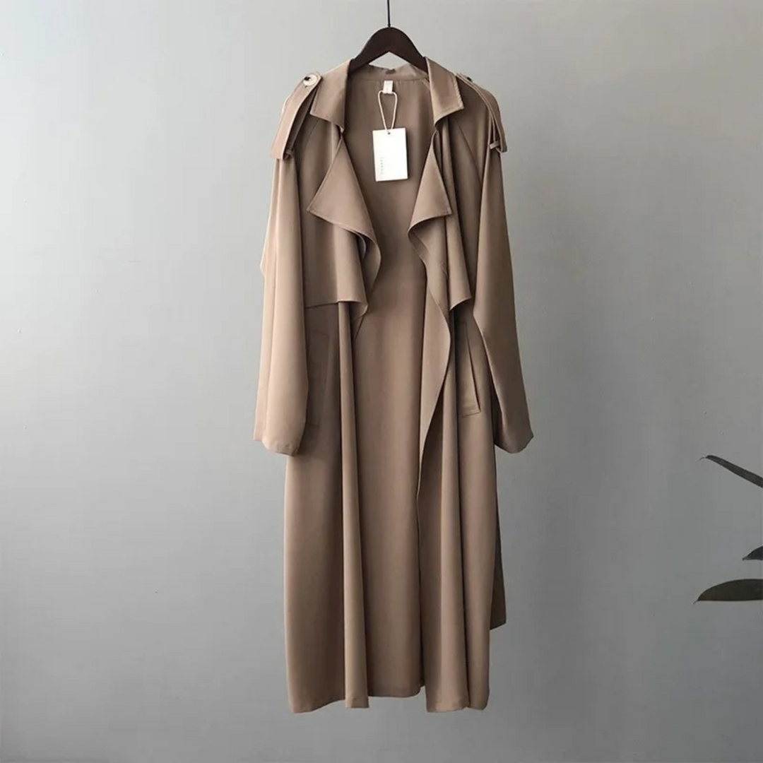 Charmin - Damen Mantel Langer Trenchcoat, Offener Schnitt, Mit Reverskragen