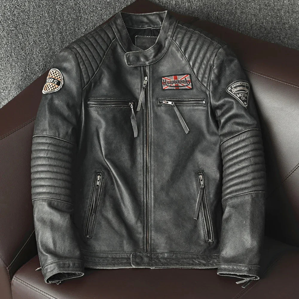 Velstad - Lederjacke Herren - Coole Bikerjacke mit Patches und Reißverschlusstaschen