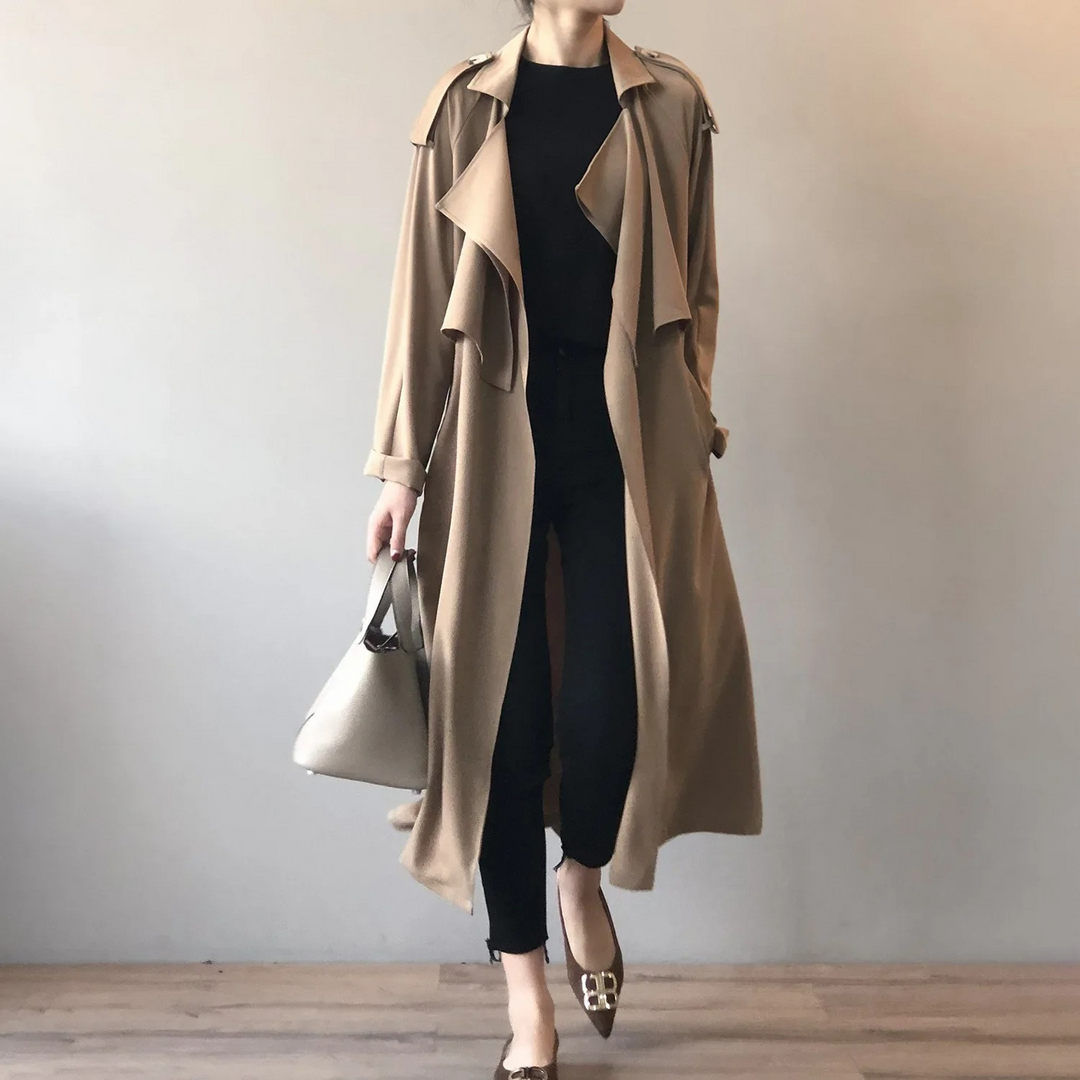 Charmin - Damen Mantel Langer Trenchcoat, Offener Schnitt, Mit Reverskragen