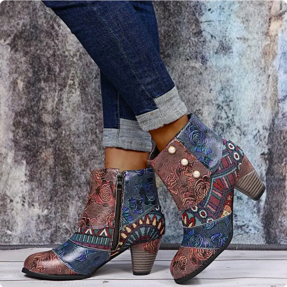 Komfoti - Damen Ankle Boots mit floralem Patchwork-Design und Reißverschluss