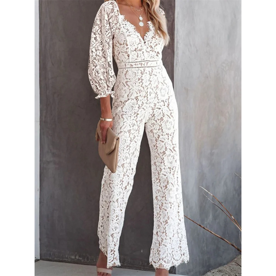 VIDA Jumpsuit mit weißem hohlen Blumendruck V-Ausschnitt weite Hosen